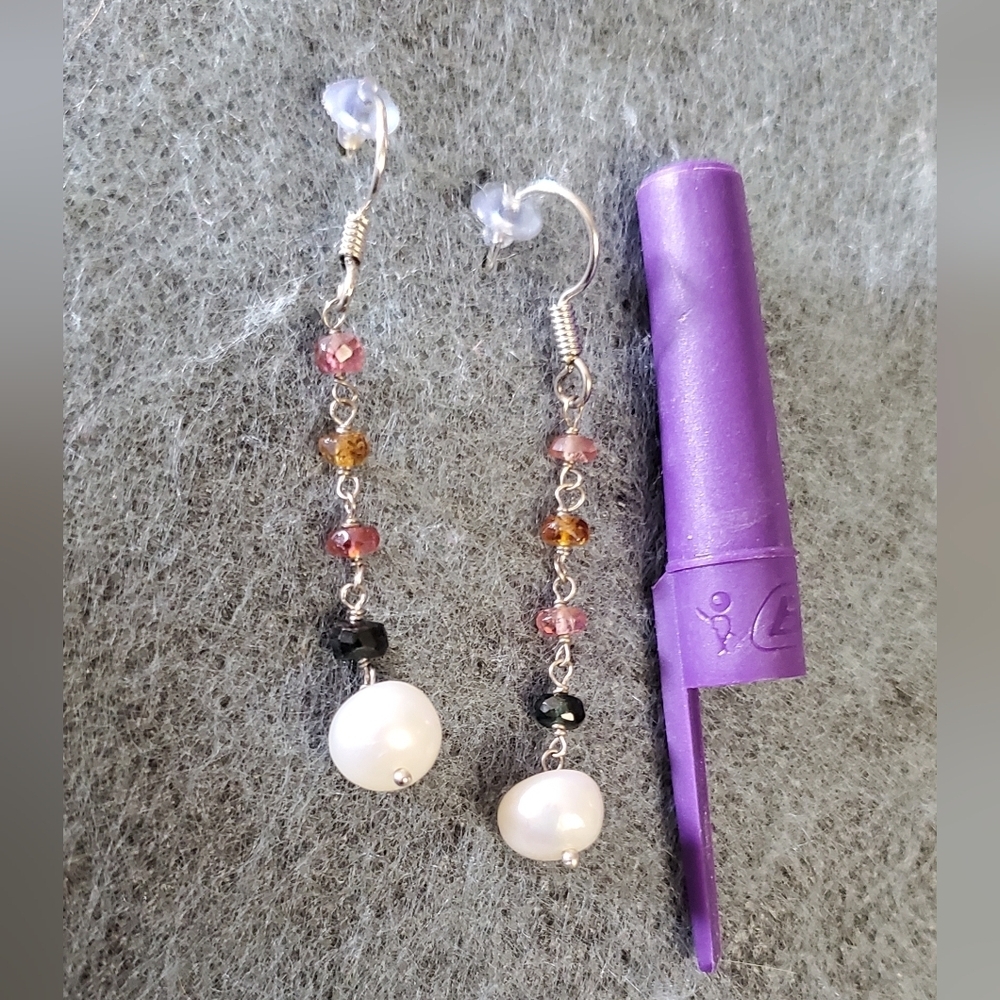 FreshwaterPearl & Multi-colored Genuine Sapphire Sterling Silver Dangle Earrings - Picture 7 of 7